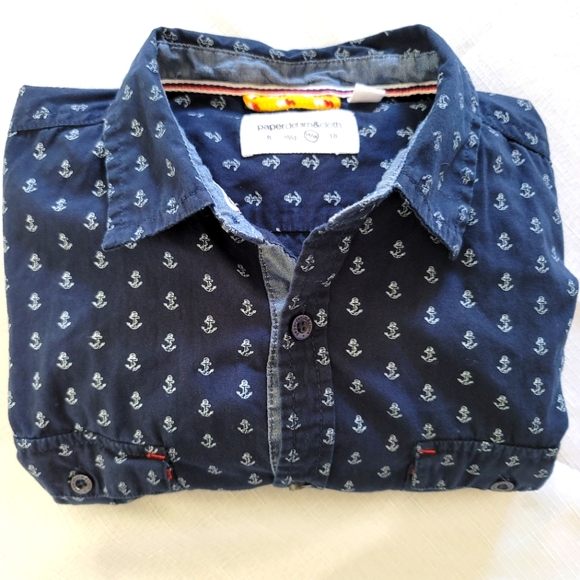 Paper Denim Cloth Nautical Button Up Size 14/16 Navy Blue & White W Anchors - Picture 1 of 2